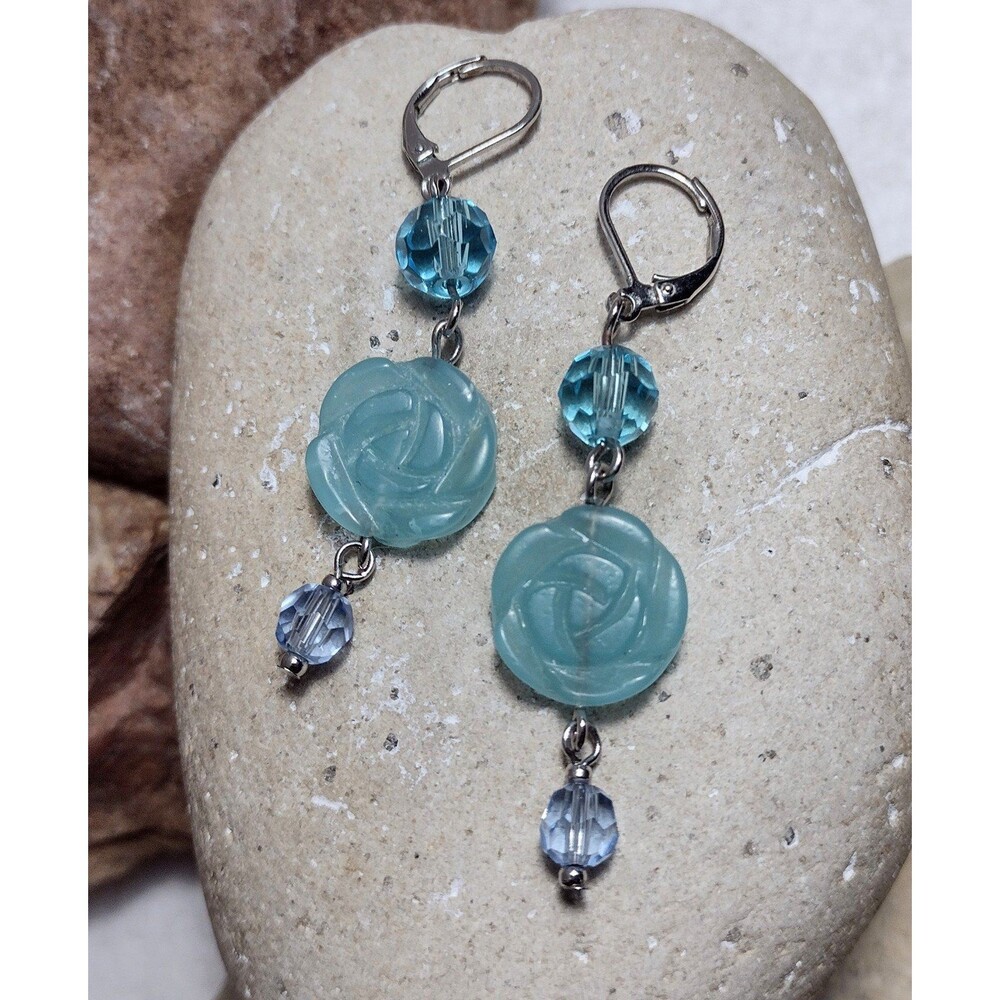 Blue Stone Carved Flower Crystal Beaded Dangle Earrings - Picture 5 of 7
